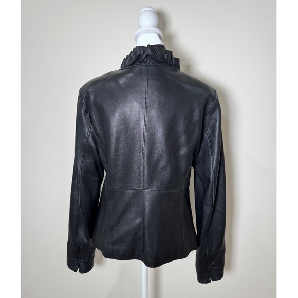 Tahari Black Leather Ruffle Collar Zipper Front Jacket Women's Size M - Picture 2 of 9